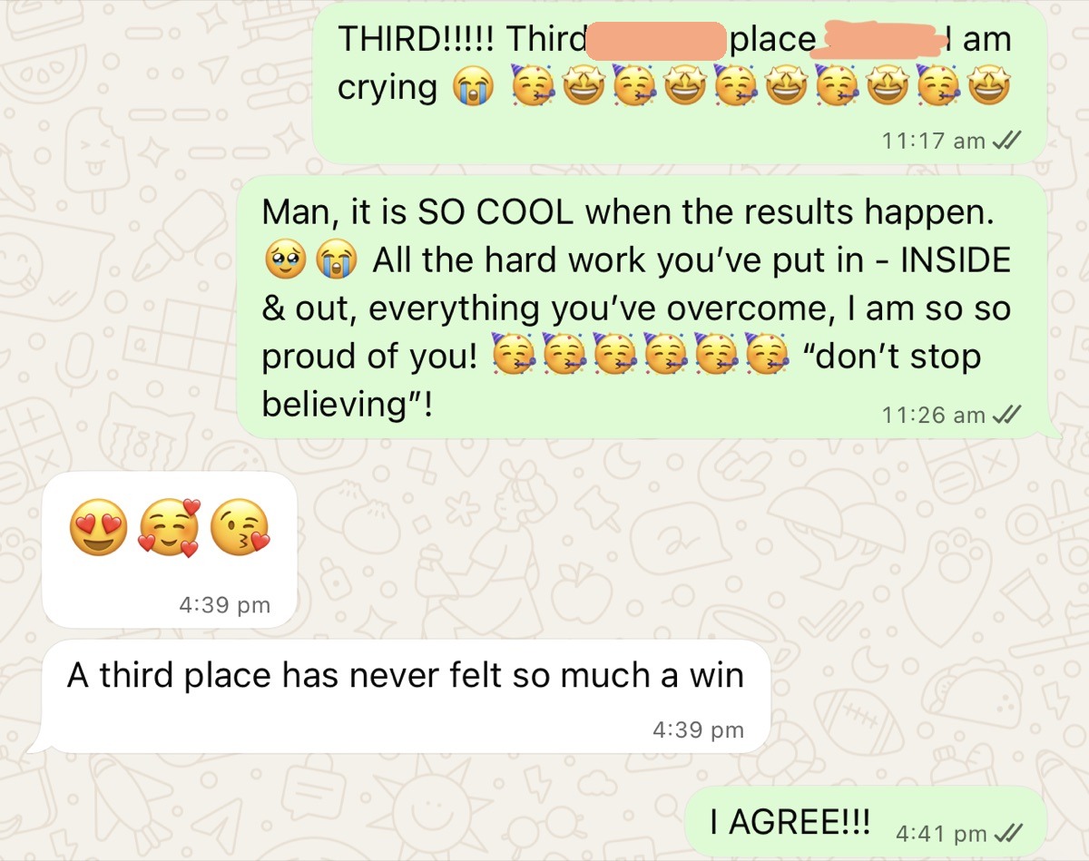 WhatsApp message: A third place has never felt so much a win